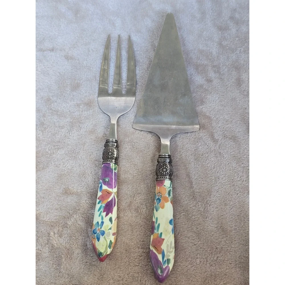 Pioneer Woman Floral Cake Serving Set Stainless Steel Fork and Server 2 Piece